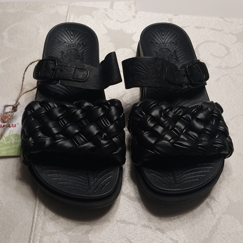 Kuailu NWT Women's Orthopedic Arch Support Sandals Slides Sz 7.5M Black Leather